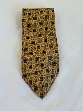 Vintage Geoffrey Beene Gold and Navy Patterned 100% Silk Tie